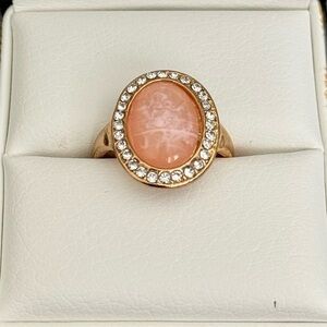 Gold Tone Oval Halo Ring with Peach Stone | Vintage Inspired Statement Ring